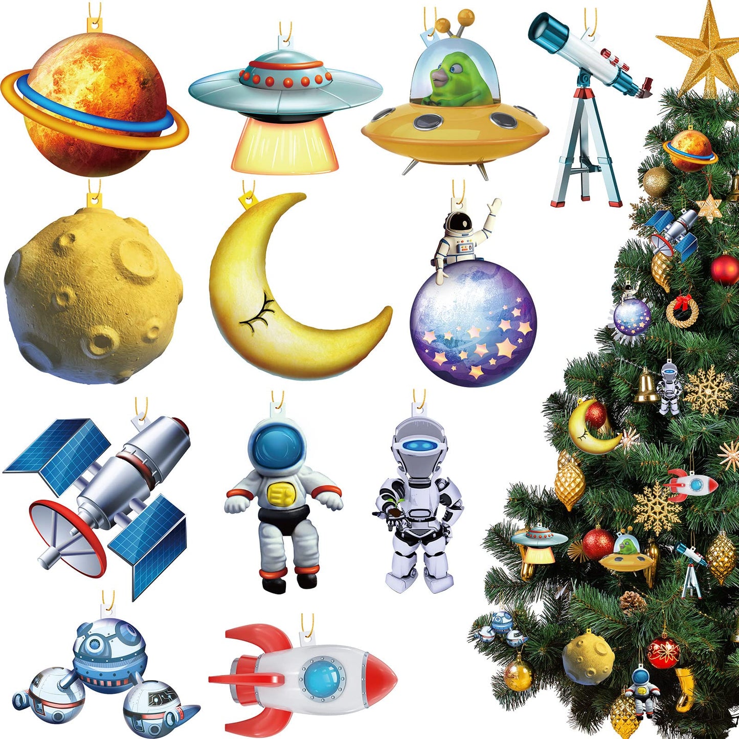 36 Pcs Space Christmas Tree Ornament Wood Christmas Space Gifts Planet Outer Astronaut Ornament Decor Wooden Hanging Xmas Spacecraft Decorations Xmas Holiday Party Supplies for Kids Rocket Ship Decor