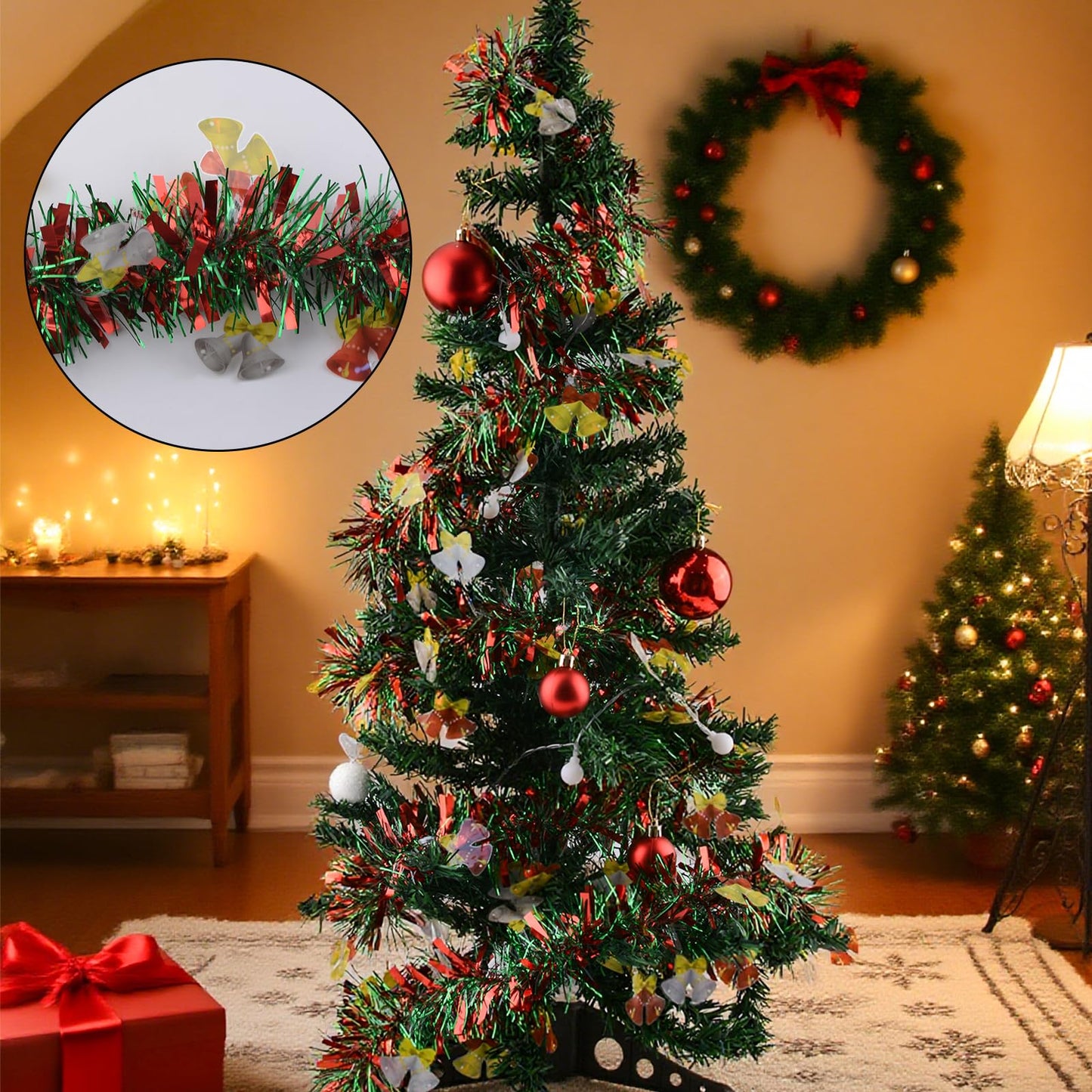 WANDIC 4Pcs 6.5Ft Christmas Garland, Snowman and Bell Christmas Tinsel Garland Indoor Decor Xmas Tree Staircase Railing New Year Holiday Home Decor