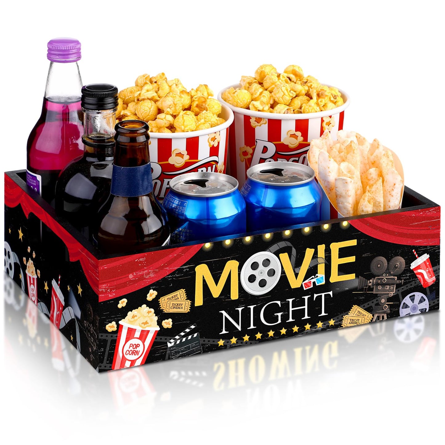 Movie Night Supplies Snack Trays with Handles Reusable Wooden Movie Gift Basket for Theater Popcorn Bucket Bowl Box Container Family Room Decor(Classic Style)