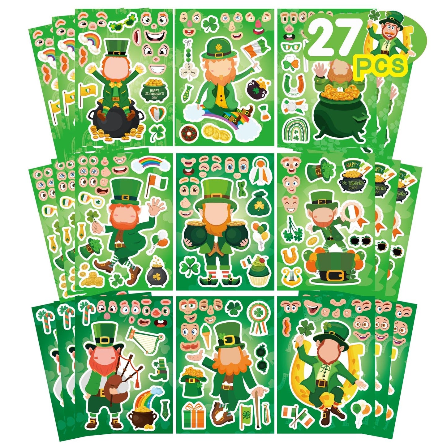 27 Sheets St. Patrick's Day Stickers for Kids Toddlers, Make a Face Stickers, Make Your Own Stickers DIY Saint Patrick Irish Stickers for St. Patrick's Day Craft Party Favor Decorations