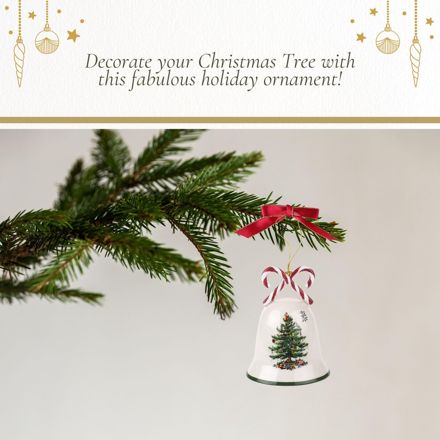 Spode Christmas Tree Candy Cane Bell Ornament, Elegant Hanging Decoration for Christmas Trees - Holiday Home Accents & Festive Ornament - Thoughtful Keepsake & Gift for Friends & Family
