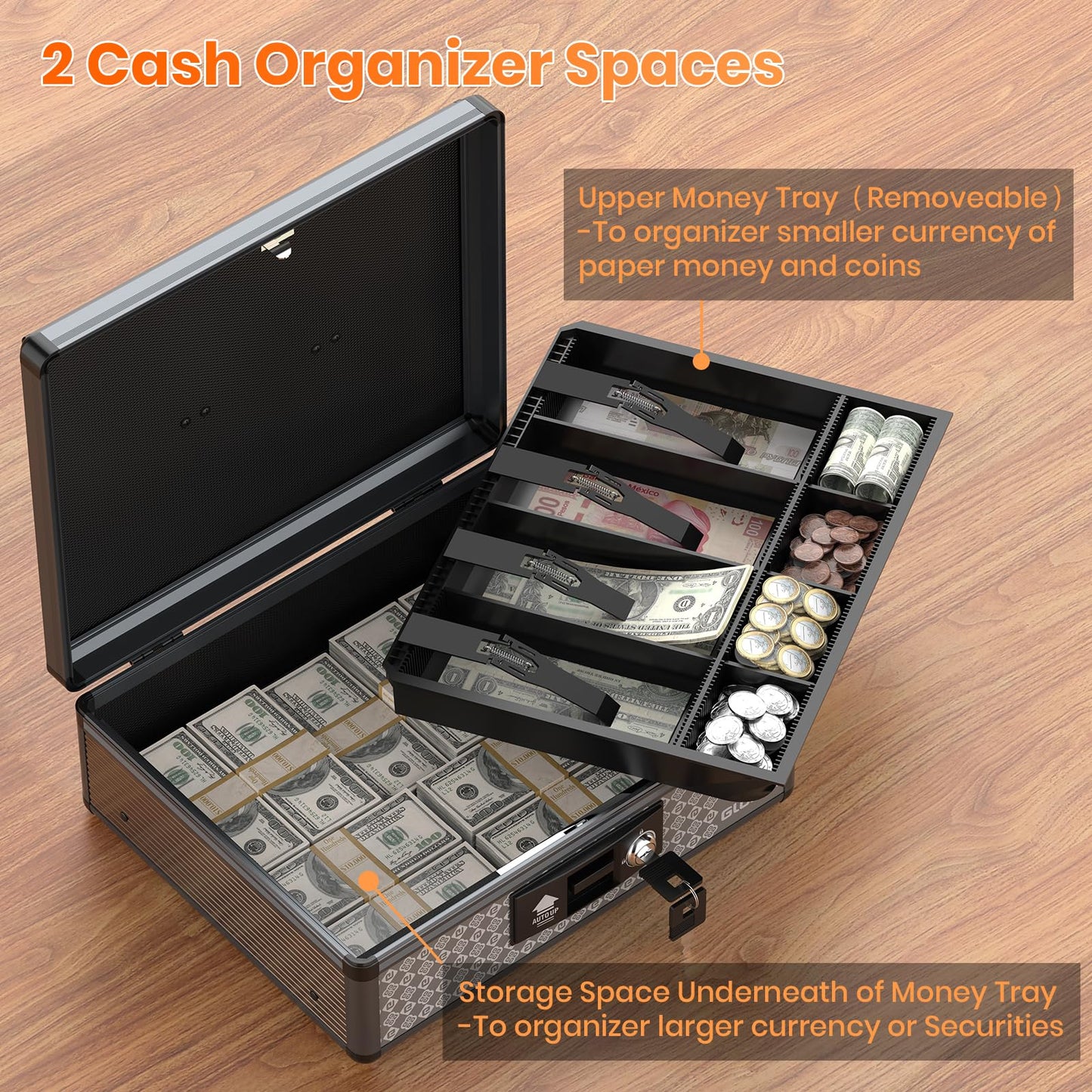 Glosen Cash Box with Lock, Money Box with Key Lock & Removable Coin Tray 13.5 * 4.31 * 11.4inch (Black, Large)