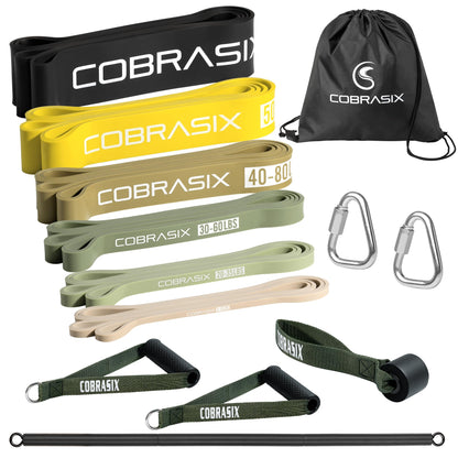 COBRASIX Set of 6 Resistance Bands with Handles, Door Anchor & Bar | Long Resistance Bands for Working Out & Strength Training | Exercise Bands for Home Gym | Pull Up Assistance Bands | Men and Women