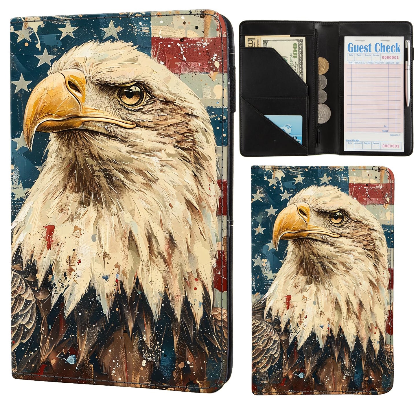 Server Books for Waitress,with Zipper Pocket Waitress Book Leather Booklet Waiter Money Organizer Wallet,Restaurant Guest Cash Check Bill Receipt Holder,Fit Server Apron (Bald eagle)