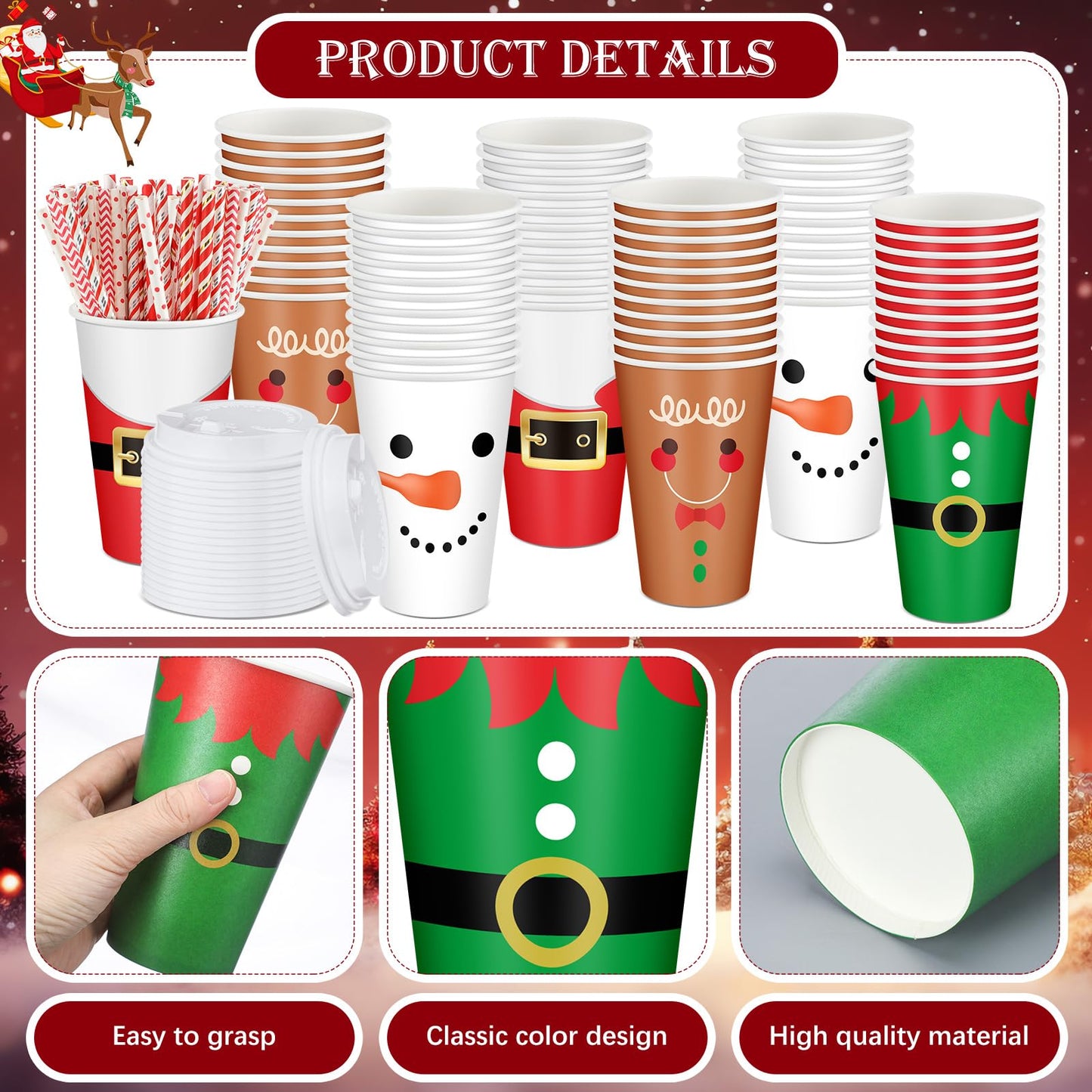 Bokon 172 Pcs/ 24 Sets of Christmas Movie Night Snack Trays 3 Sizes Snow Santa Snack Boxes, 16 oz Disposable Drinks Cups, 50 Straws, Complimentary Sealing Stickers for Cinema Party Decoration