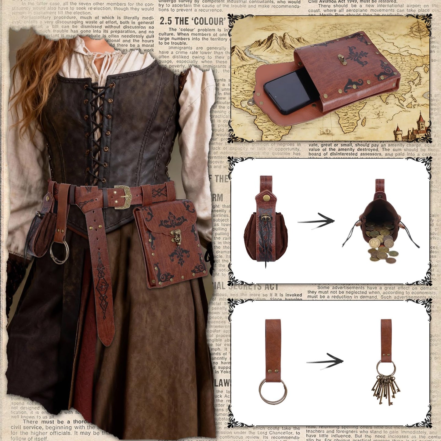 Luazuri Viking Embossed Renaissance Belt Pouch, Vintage Medieval Faux Leather Pirate Belt Pack,Retro Portable Belt Bag For LARP Ren Faire. (Brown C)