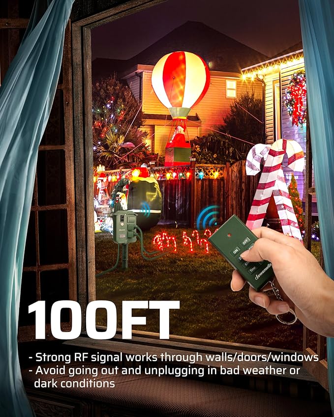 DEWENWILS Outdoor Power Stake Timer Waterproof, 6 Grounded Outlets, 6FT Extension Cord, 100FT Wireless Remote Control, Photocell Dusk to Dawn Timer for Christmas Lights, Garden, UL Listed