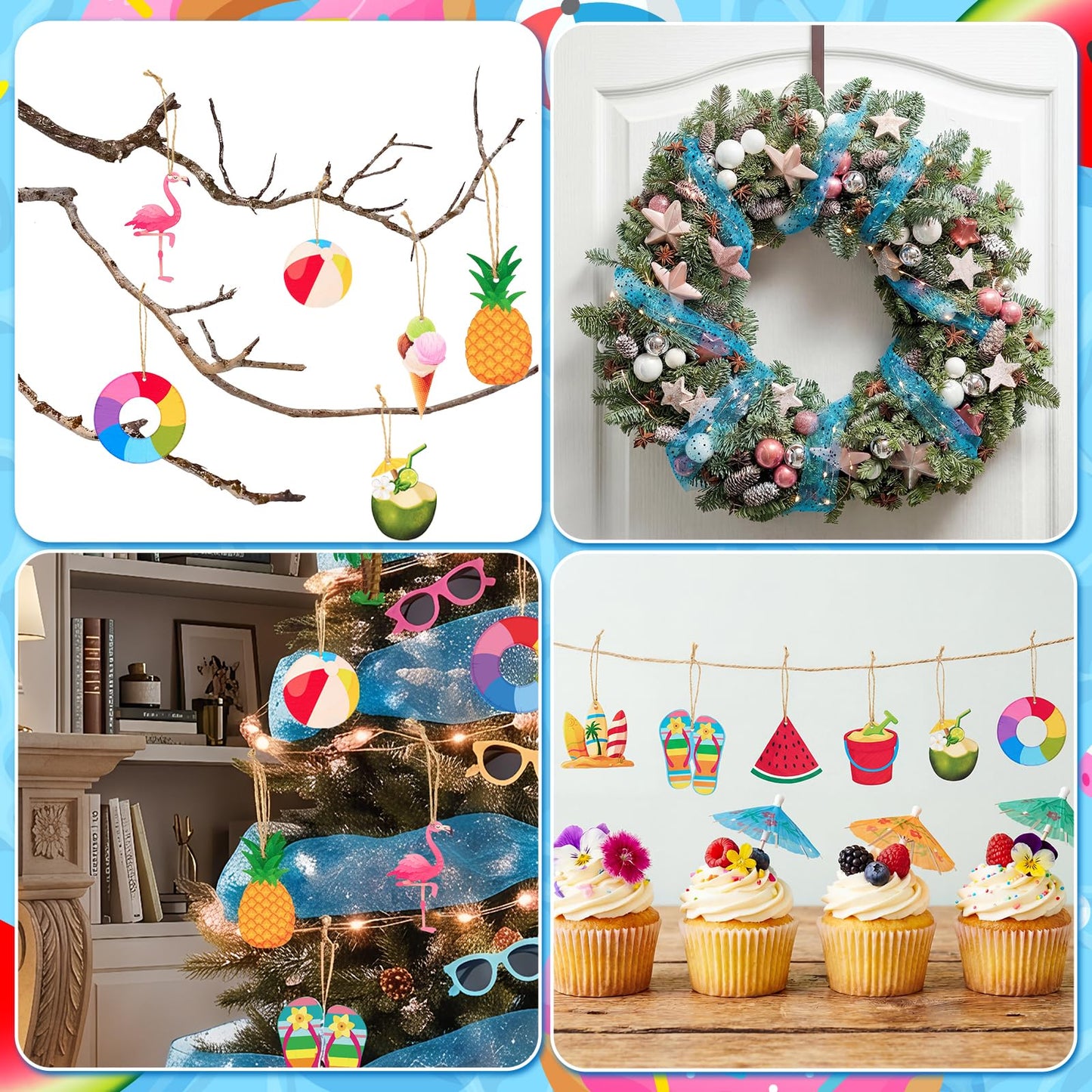 31 Pcs Summer Tree Ornaments Set, Christmas in July Wooden Crafts, Tropical Hawaiian Tree Hanging Decorations with Flamingo Balloon Sunglasses String Lights for Luau Hawaiian Party Holiday Decor