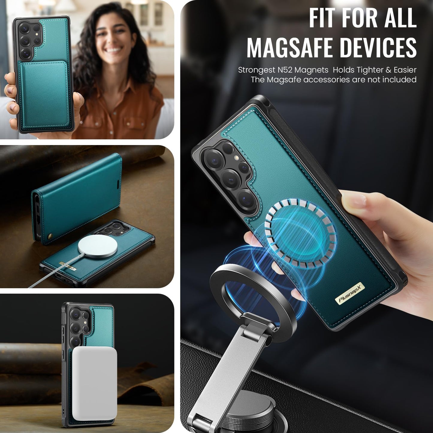 PlusnapX Wallet Case for Samsung Galaxy S24 Ultra Compatible with Magsafe, 2-in-1 PU Leather Flip RFID Blocking Card Holder Stand Shockproof Magnetic Detachable Cover for Galaxy S24 Ultra, Bluegreen
