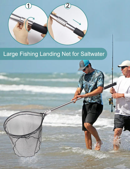 Avlcoaky 94" Telescopic Fishing Landing Net - Heavy-Duty Aluminum Handle with Non-Snag Rubber Coated Mesh, Extra Large Fishing Net for Saltwater Boat Fishing