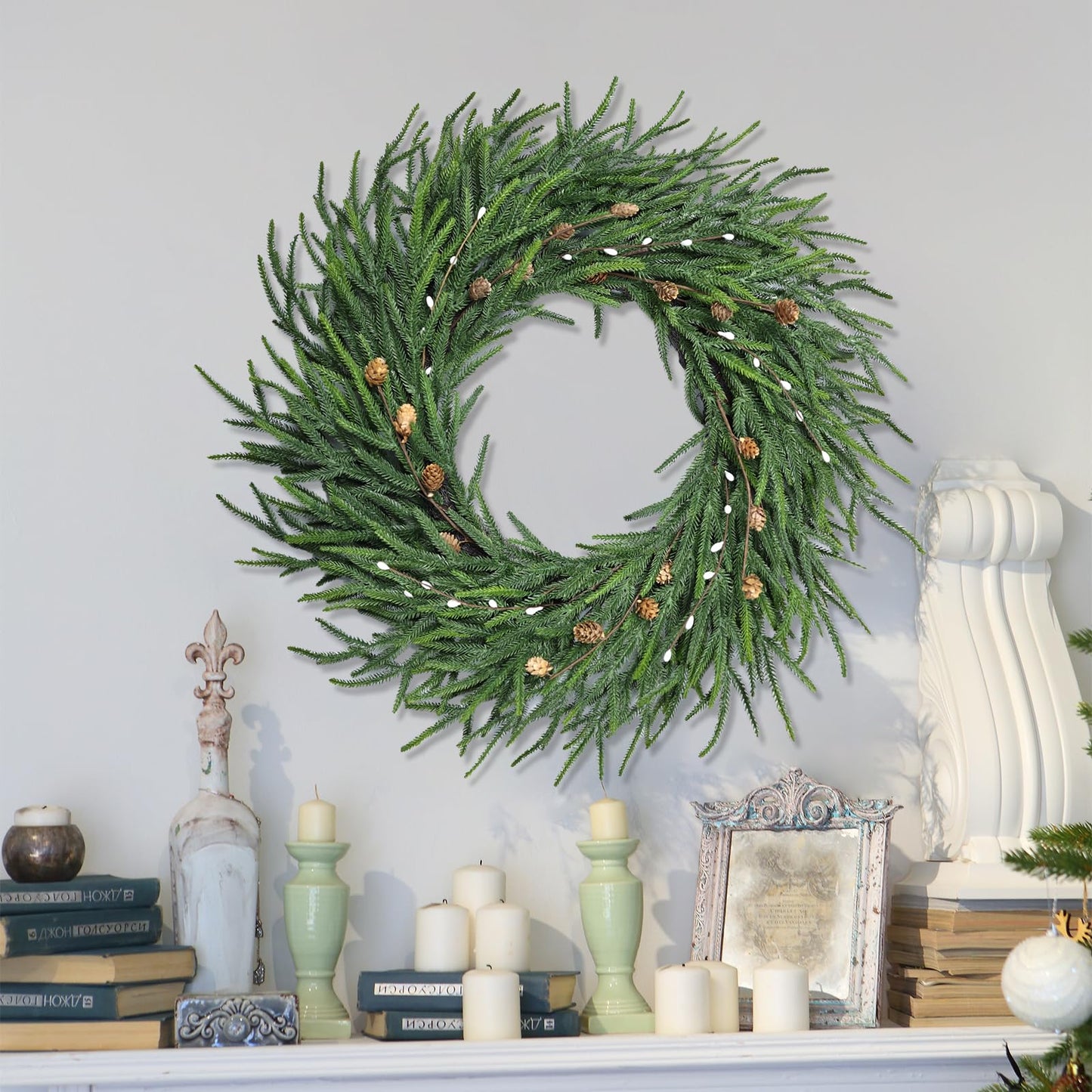 26 Inch Christmas Wreaths for Front Door Christmas Cypress Wreath,Real Touch Pine Wreath with White Berries Artificial Green with Pine Cones for Wall Window Porch