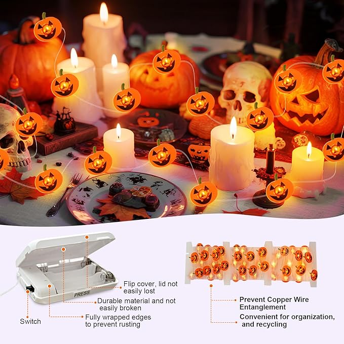 Halloween Pumpkin String Lights, 16 ft 50 LED Orange Battery Operated Lights for Lawns Garden Outdoor Holiday Party Decorations (2 Pack)