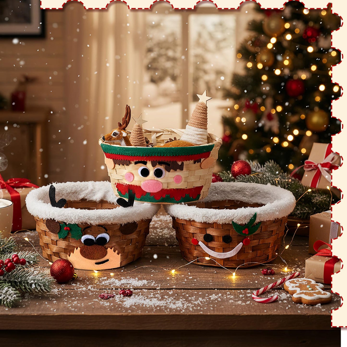 Youyole 4 Pieces Christmas Basket for Gifts Woven Bamboo Xmas Round Gingerbread Basket Small Santa Claus for Christmas Party Supplies Gift Snack Storage (Cute)