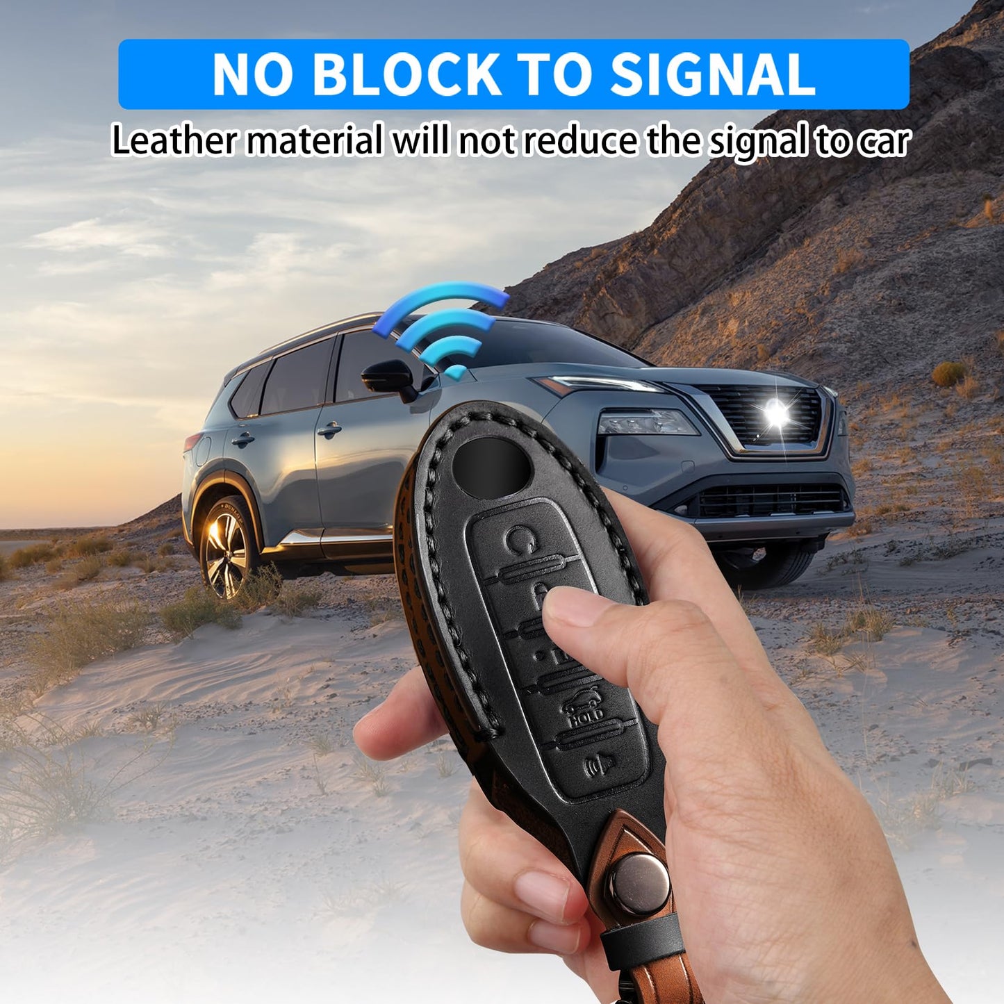 QBUC for Nissan Genuine Leather Key Fob Cover Protective Case with Keychain for Rogue Pathfinder Murano Armada Frontier Sentra Altima Versa Titan Maxima Titan Xterra 5-Buttons(Black Leather)