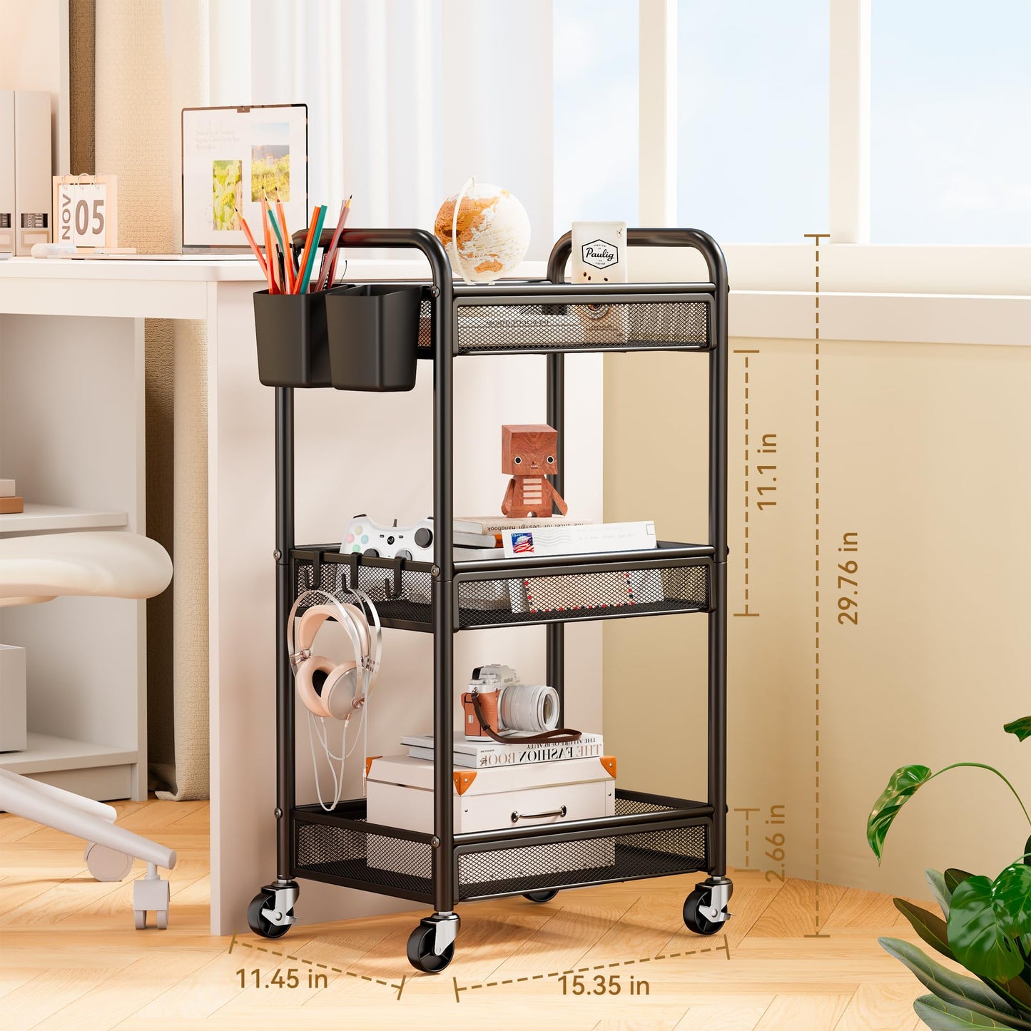 YASONIC 3 Tier Rolling Cart – Metal Utility Storage Carts with Wheels, Craft Cart Organizer with Hanging Cups, Hooks, Mesh Basket for Bedside Kitchen Office Art, Black
