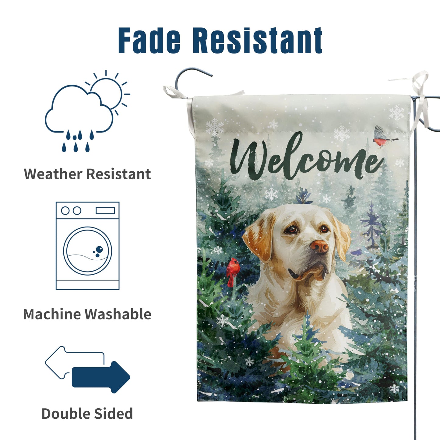 Welcome Winter Garden Flags White Lab Garden Flag Cardinal Birds on Snowy Pine Tree Flag Labrador Dog Yard Flags for Outside 12x18 Double Sided Christmas Decorative Lawn Flags