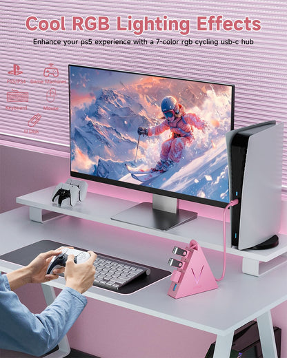 4-Port USB 3.0 Hub, FlyingVHUB Vertical Data USB Hub with 2 ft Extended Cable, for Mac, PC, Xbox One, PS4, PS5, iMac, Surface Pro, XPS, Laptop, Desktop, Flash Drive, Mobile HDD(Pink)