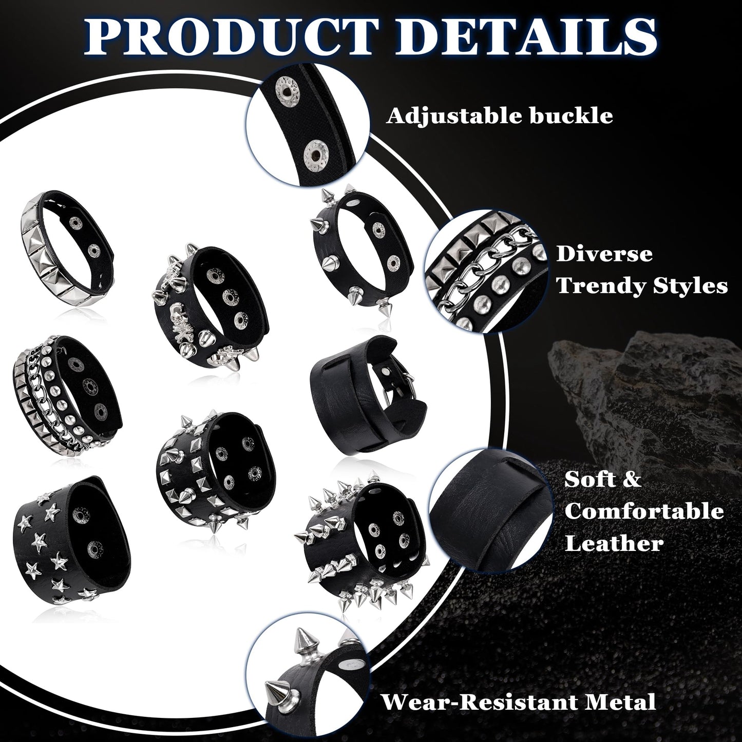 LOAYHOAY 8PCS Spiked Studded Bracelets Cuff for Men Women Black Punk Goth Leather Bracelet Emo Rivet Bracelet Adjustable Rock Pop 80s 90s Retro Button Metal Wrap Wristbands Halloween Accessories C
