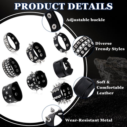 LOAYHOAY 8PCS Spiked Studded Bracelets Cuff for Men Women Black Punk Goth Leather Bracelet Emo Rivet Bracelet Adjustable Rock Pop 80s 90s Retro Button Metal Wrap Wristbands Halloween Accessories C