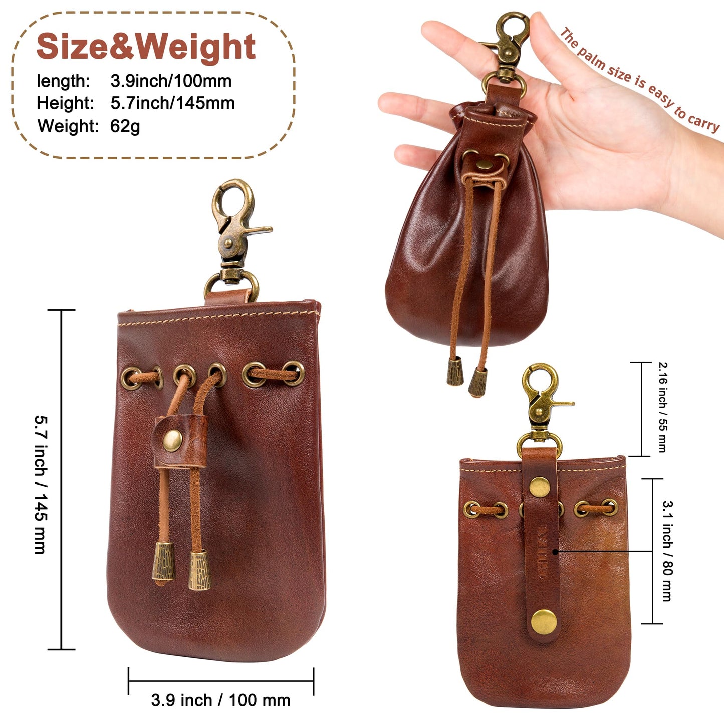 CHULEAG Vintage Medieval Drawstring Belt Pouch, FULL-GRAIN Leather, handmade, portable coin&dice purse with keychain. (small)