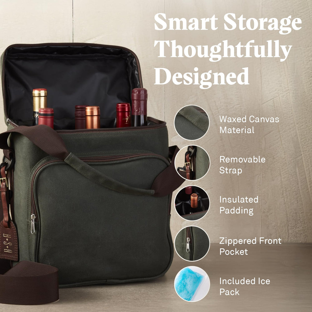 Wine Enthusiast 6-Bottle Waxed Canvas Wine Bag Tote Insulated Wine Carrier Cooler Travel & Picnics Holds Tall Bottles Includes Ice Pack Chilling Reusable Tote Bag for Wine Gifts & Outdoor Gatherings