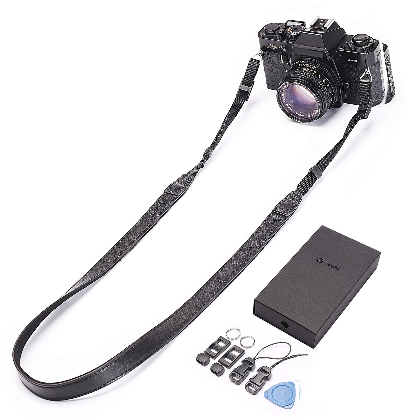 CANPIS CP008 Leather Camera Shoulder Neck Strap compatible with Canon Nikon Leica Fuji Sony Olympus etc. Black Color, Adjustable Length, Slim with Flocking Comfortable Pad