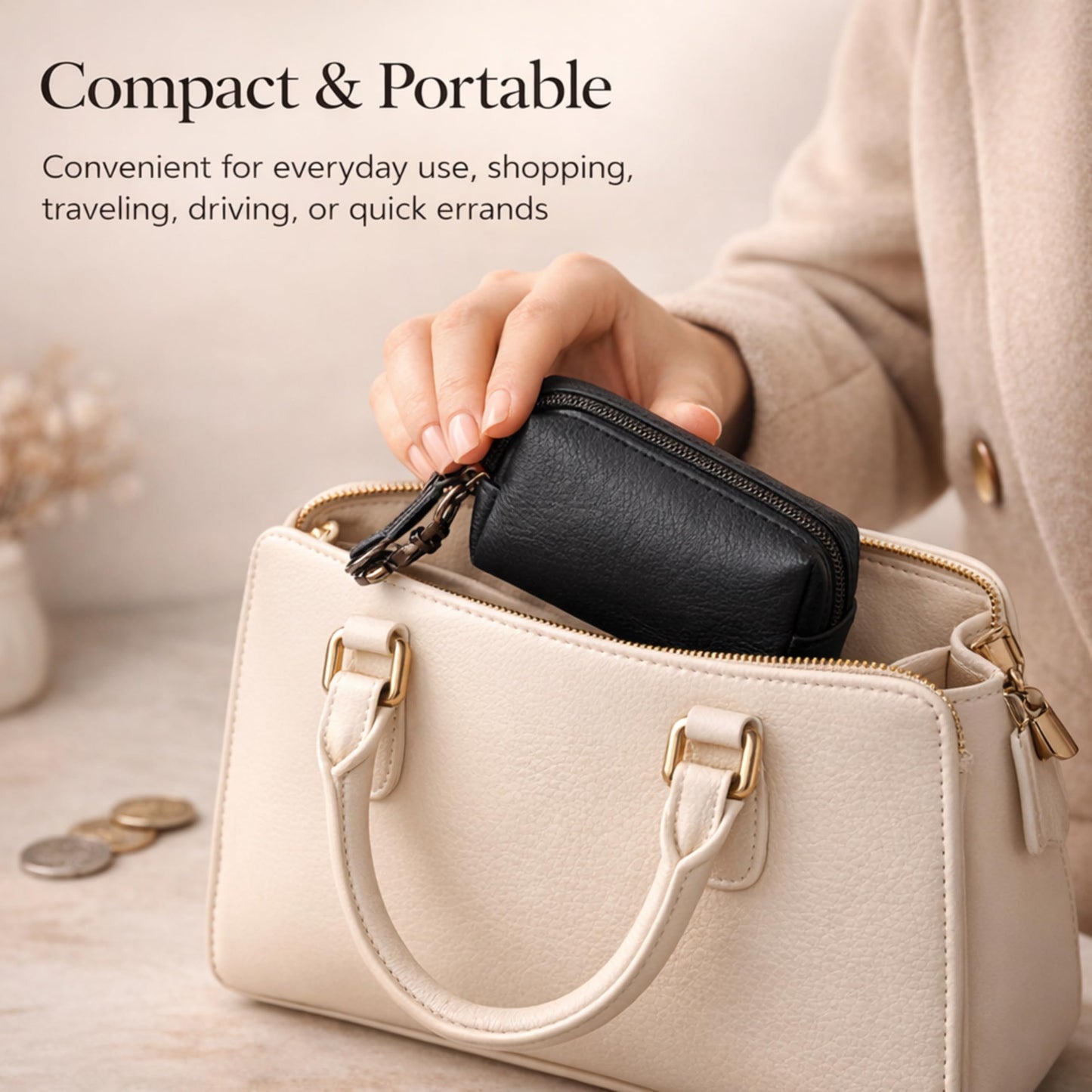 Leather Zipper Coin Pouch with Key Clip, Compact Change Holder Wallet for Men & Women, Small Leather Coin Purse for Cash, Keys, Earbuds, Everyday Carry Accessory (1, Black)