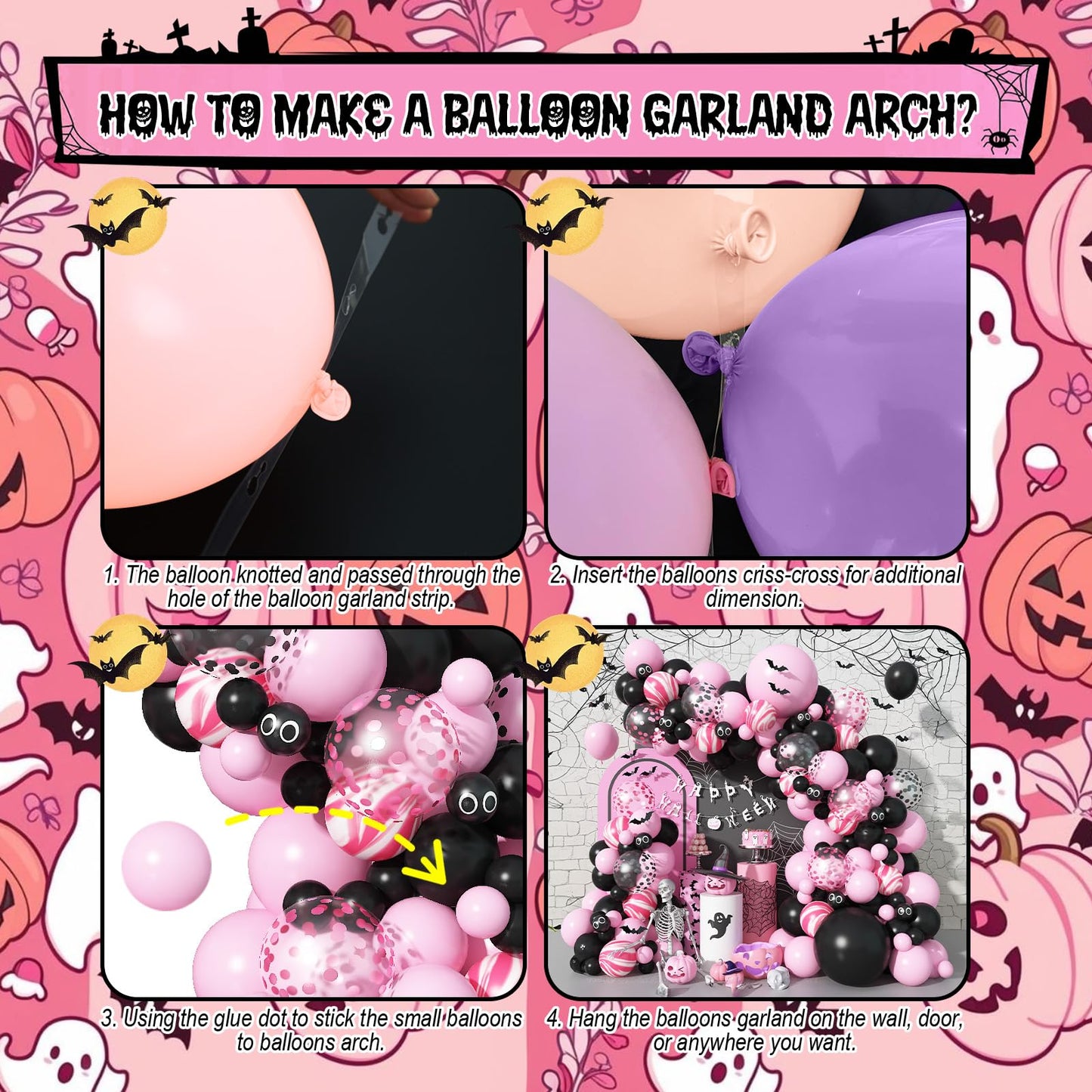 Halloween Balloon Arch Kit 98Pcs Pink and Black Balloon Garland with Ghost Eye Pink Agate Balloons 3D Bat Spider Cobweb for Trick or Treat Day of the Dead Spooky Boo Haunted House Party Decorations