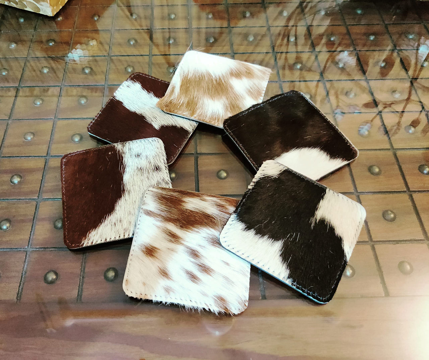 NGF Cowhide Coaster Set of 6 pcs Natural Cowhide Drink Coasters Hair On Square Coasters Leather Tea Cup Coasters Home Decor & Home Living Ideas Multicolor 4 x 4 x 0.5 inches