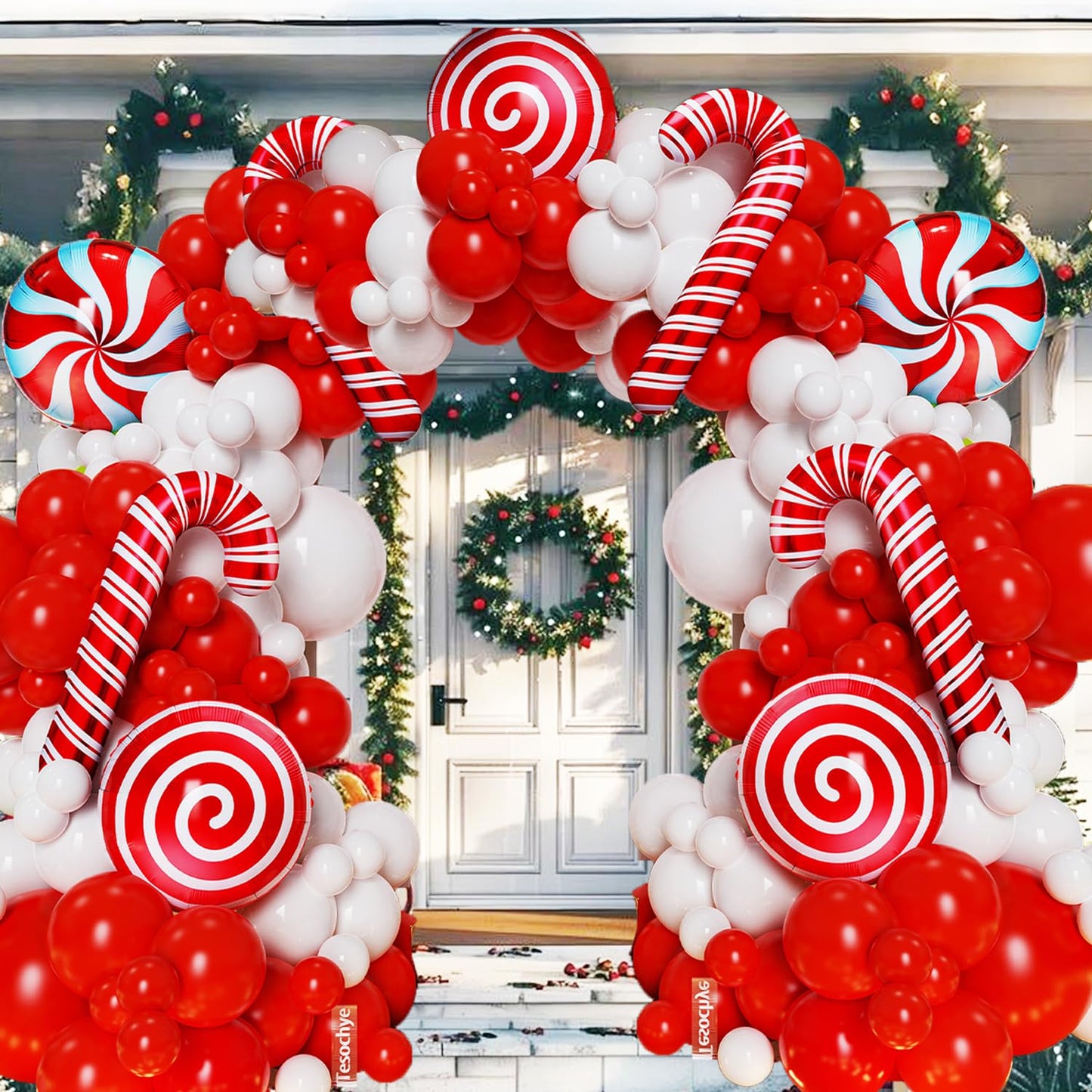 142 Pcs Christmas Balloon Garland Arch Kit with Xmas Red and white Candy Cane foil Balloons, Red White Candy Balloons for Christmas Party Decorations Birthday Supplies