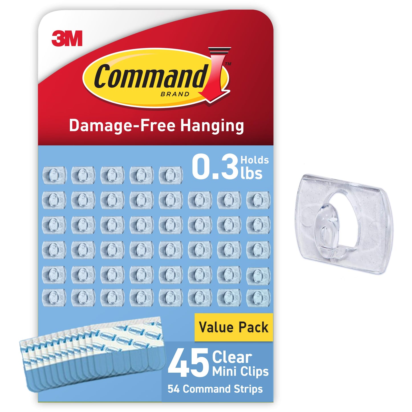 Command Clear Indoor Mini Light Clips Value Pack, 45 Clips, 54 Strips, Damage-Free String Light Hangers for Home, Room, Wall, Office, and Dorm Decor, Great for Cable Management, Holds up to 0.3 lb