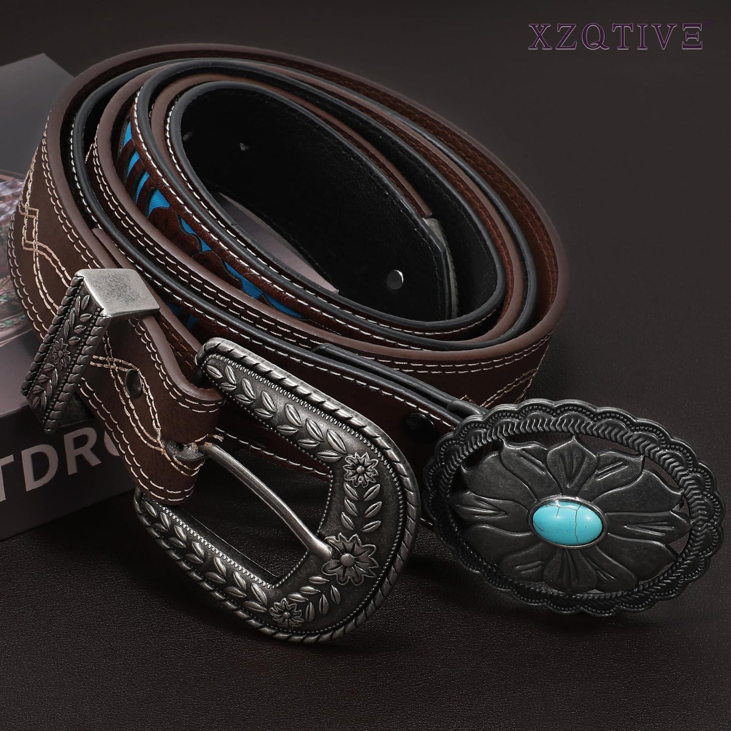 XZQTIVE Women Men Genuine Leather Belt Vintage Ladies Western Belt Engraved Tooled Leather Belt Cowboy Cowgirl Country Belt