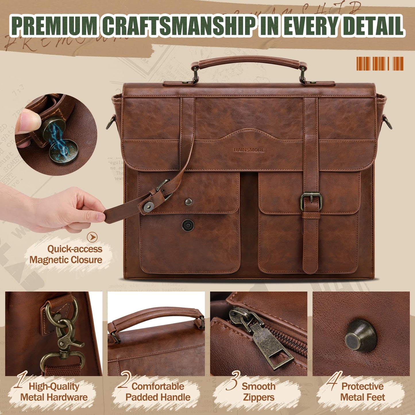RAINSMORE Mens Messenger Bag 17 Inch Vintage Leather Laptop Briefcase Magnetic Closure Large Satchel Computer Shoulder Bag for Office Travel College, Brown
