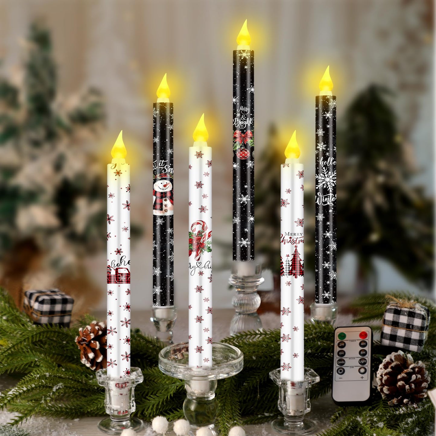 Aurelema 6 Pcs Winter Flameless Candle Set Snowflake LED Flameless Taper Candles with Remote Timer Black and White Celebration Candles with Battery Operated for Christmas Winter Gifts Home Decor