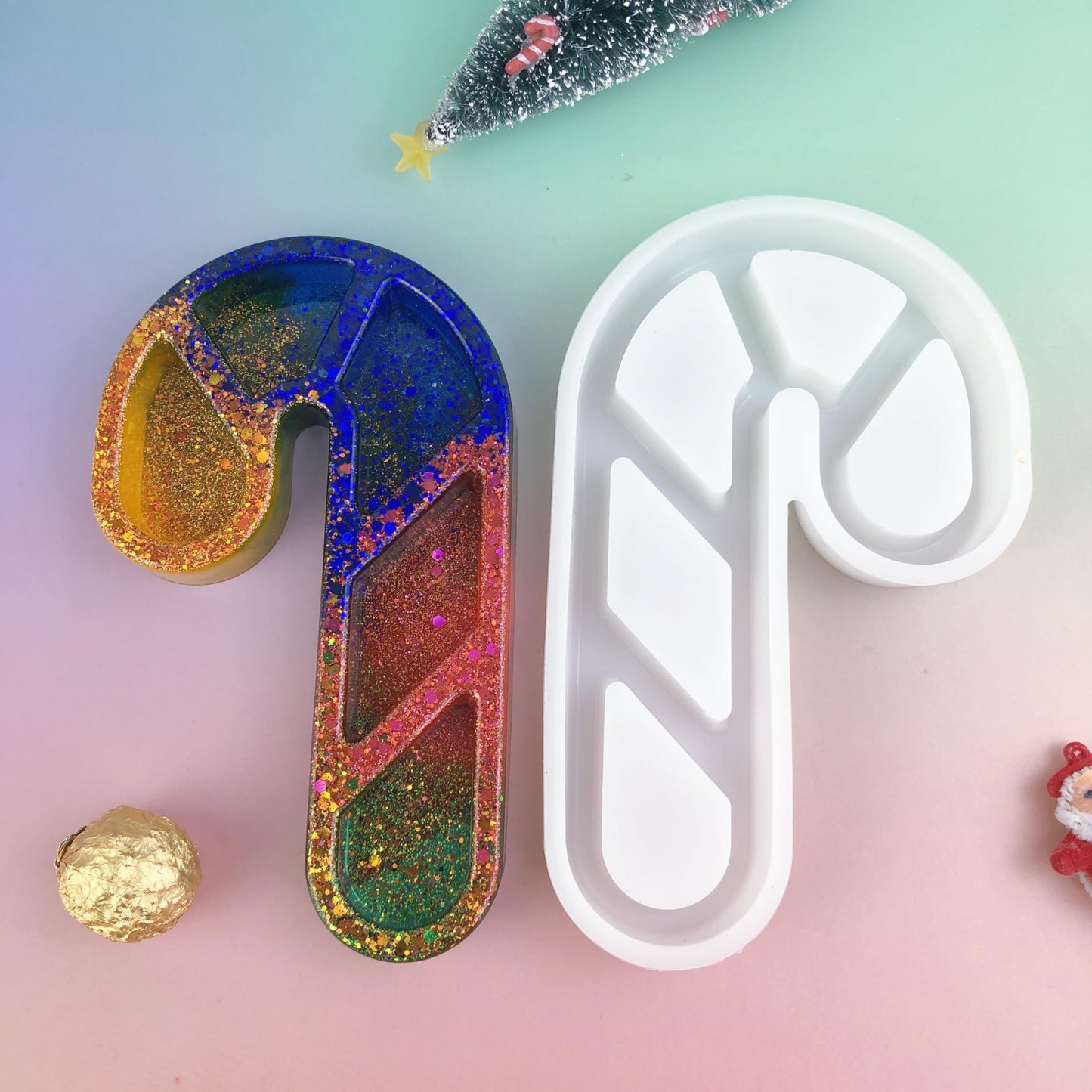Christmas Candy Cane Resin Tray Silicone Mold, Candy and Snack Plates, Jewelry Storage Trays, Christmas Home Decor Casting Mold, Resin molds Silicone Clearance with Glitter Design