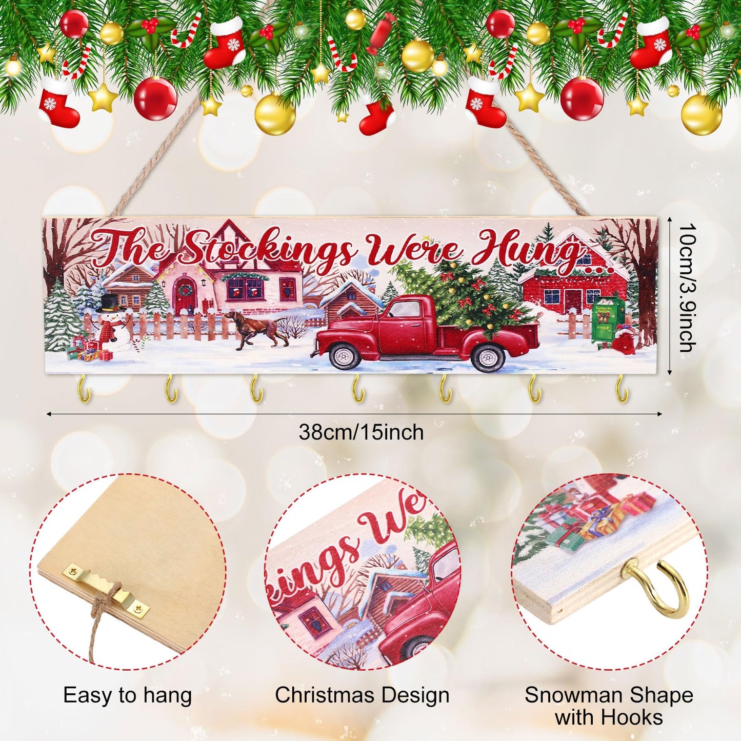 Maitys Christmas Stocking Holder with 7 Hangers - Wooden Organizer Sign 'The Stockings were Hung' - Xmas Mantel Snowmen Wall Mount Hanging Hook for Mantel (Truck)
