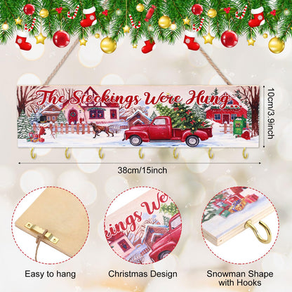 Maitys Christmas Stocking Holder with 7 Hangers - Wooden Organizer Sign 'The Stockings were Hung' - Xmas Mantel Snowmen Wall Mount Hanging Hook for Mantel (Truck)