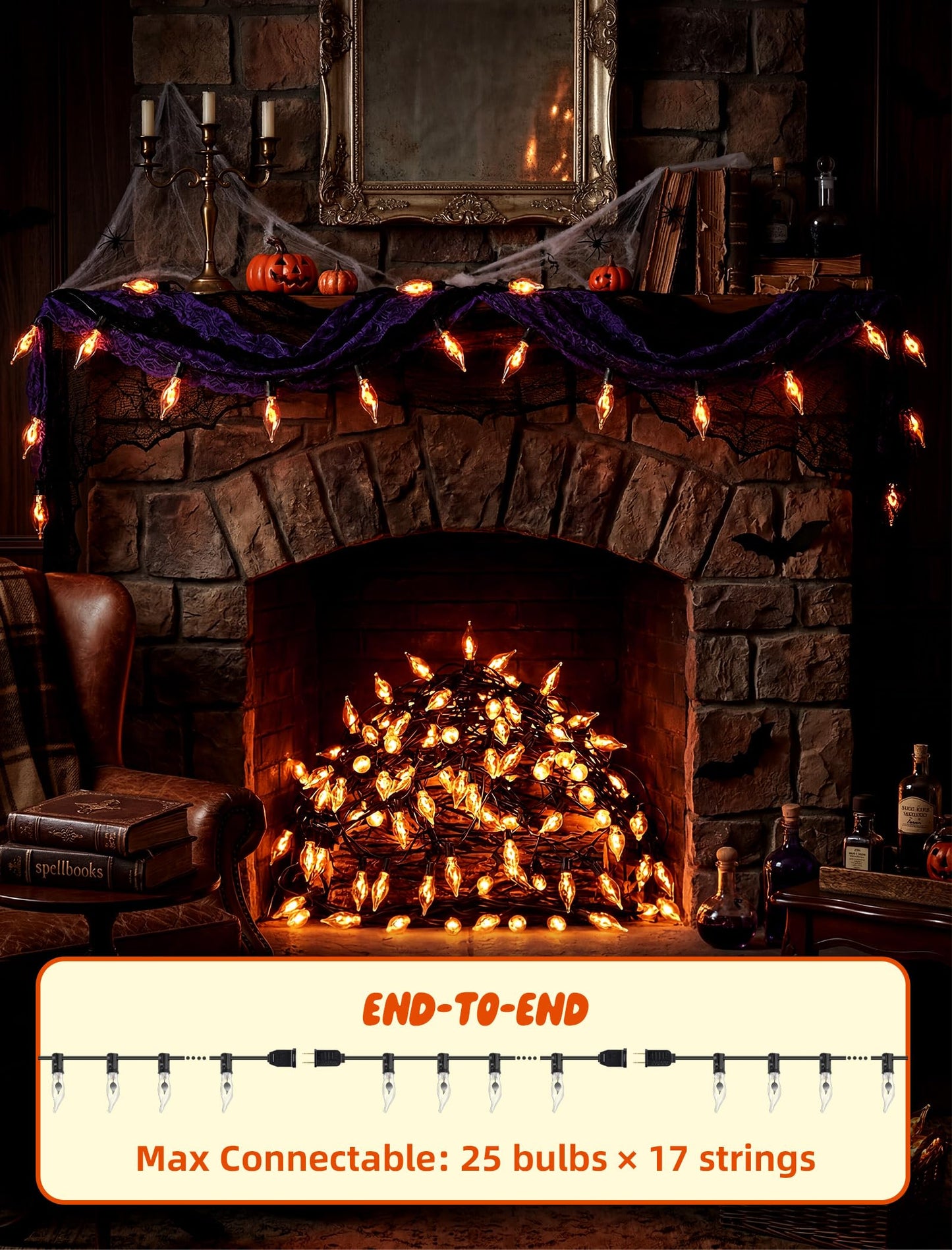 Hobbynors 50Ft Extra-Long Fall & Halloween String Lights,25 C18 Flicker Flame Bulbs for Outdoor Decor,Waterproof & Connectable for Christmas, Thanksgiving & Festive Party Ambiance