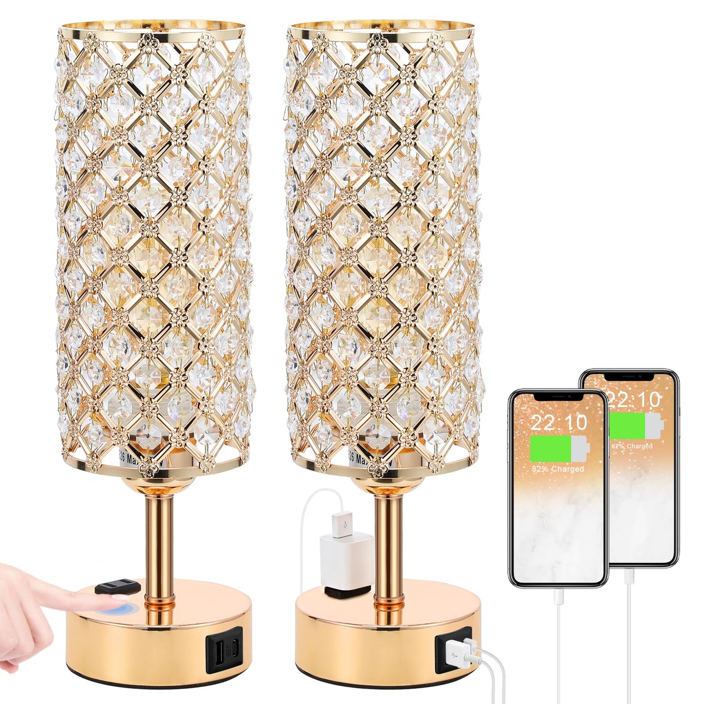 Hong-in Gold Lamps Set of 2, Dimmable Gold Lamps for Nightstand with USB-C+A & AC Charging Ports, 3-Way USB Crystal Lamp, Bedside Desk Light for Bedroom Living Room Home Office(Bulb Included)