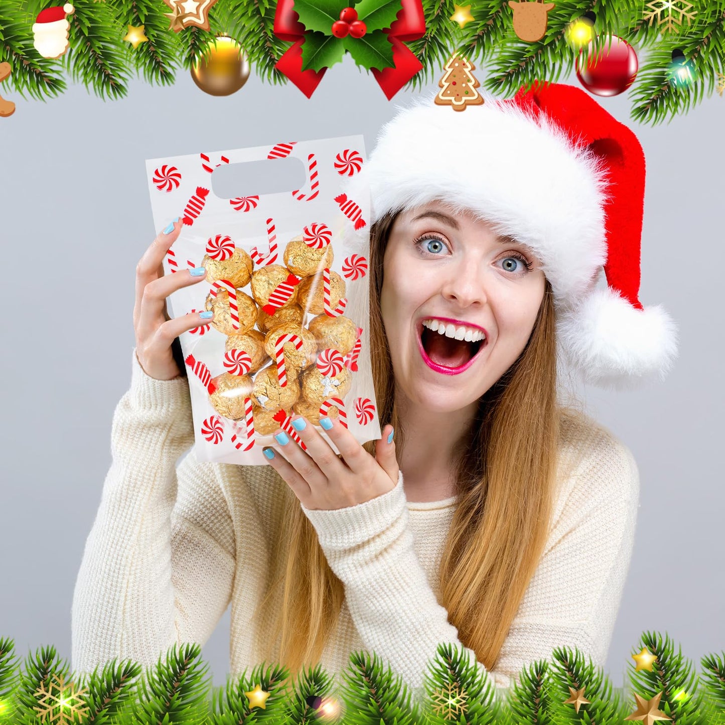 Fuutreo 50 Pcs Christmas Candy Gift Bags Xmas Clear Sealing Pouches with Handles Resealable Red Christmas Plastic Bag for Xmas Winter Holiday Party Snack Gift Wrap Supplies Decoration (Candy)