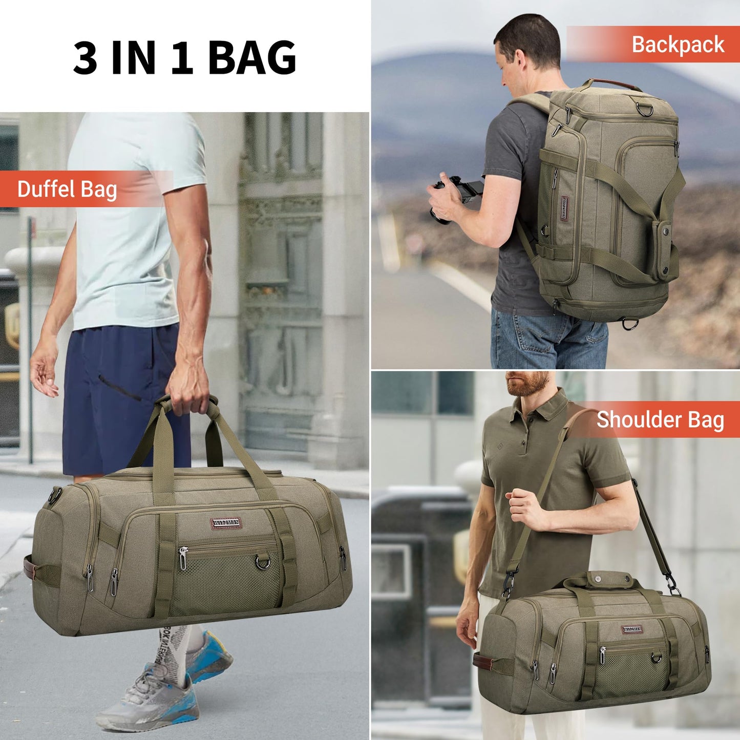 WITZMAN Canvas Duffel Bags for Men Traveling 3 in 1 Backpack Carry-on 40L Weekender Overnight Bag with Shoe Compartment(A8006/2 Army Green)