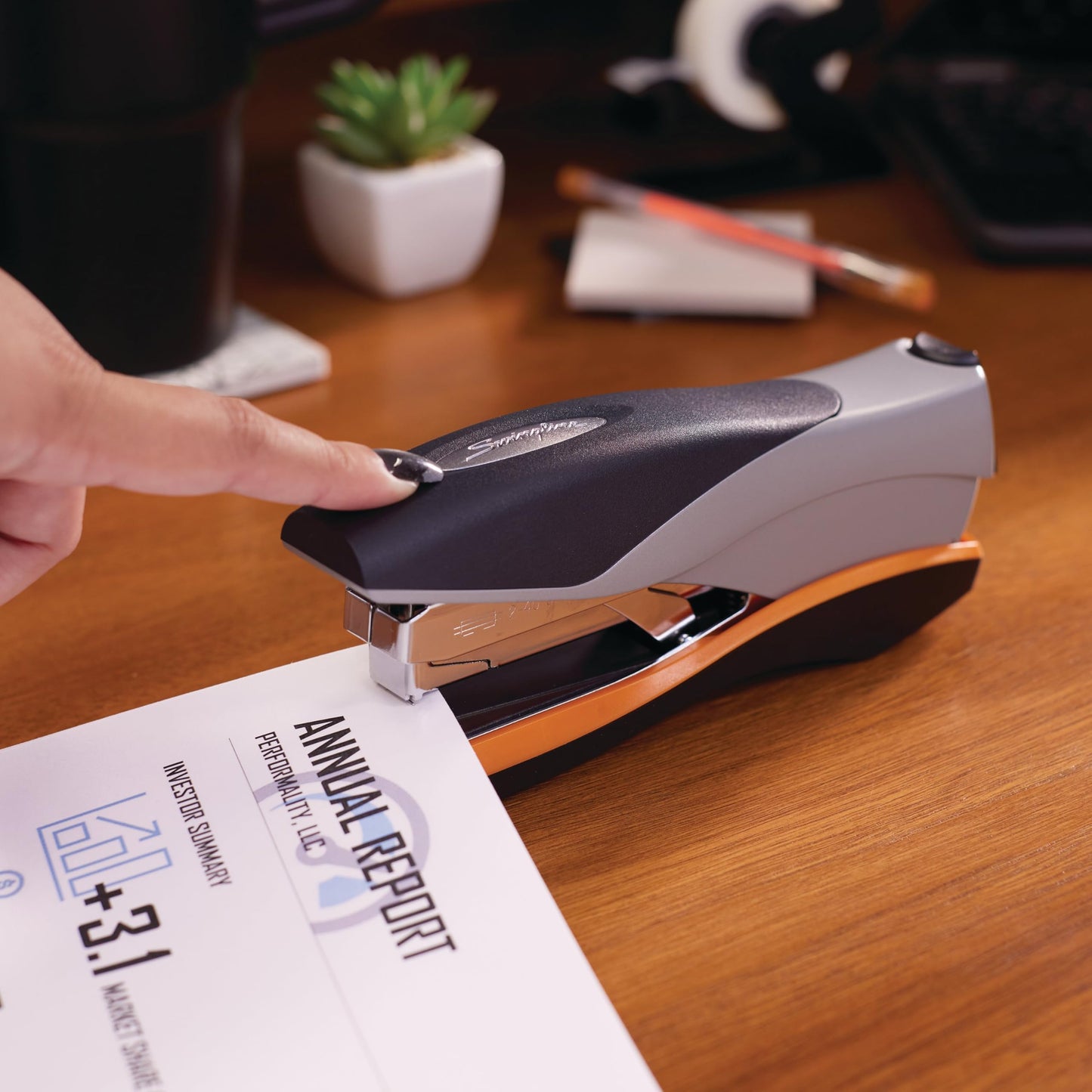 Swingline Stapler, 40 Sheet Capacity, Optima 40, Jam Free, Reduced Effort, Soft Grip, Metal, Orange and Gray (87845)