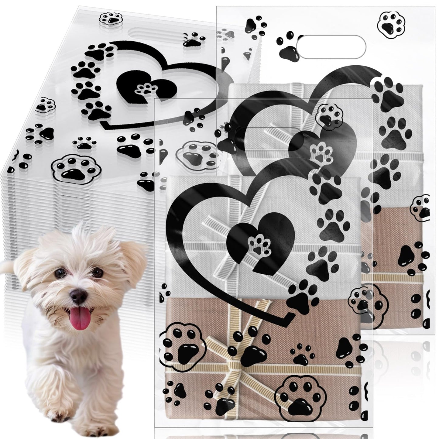 Sunnymove 400 Pcs Dog Paw Gift Bags Bulk 11.8x7.9 In Plastic Clear Puppy Treats Goodies Totes with Handle Merchandise Shopping Bag for Christmas Birthday Party Retail Business Wrapping