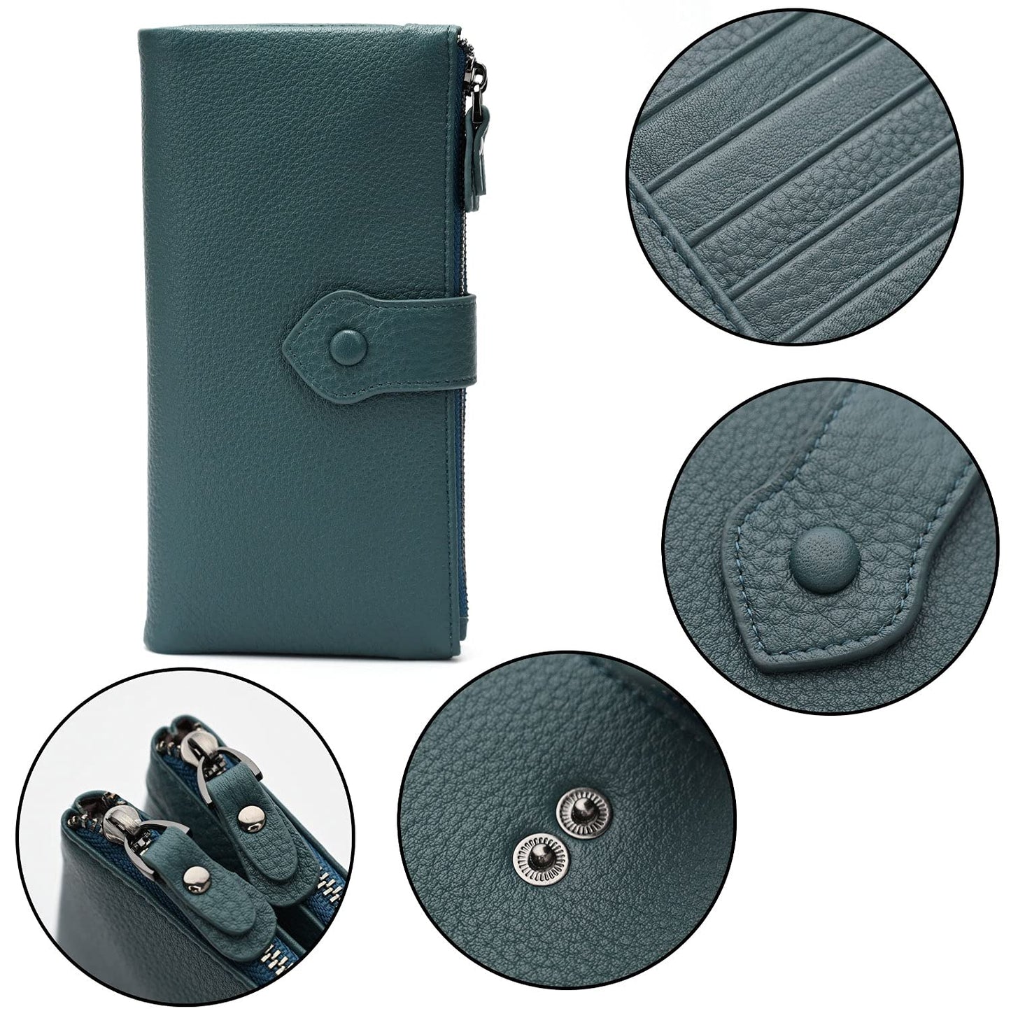 Bveyzi Women Soft Leather RFID Blocking Bifold Slim Wallets Ladies Credit Card Holder Double Zipper Pocket(Blue)