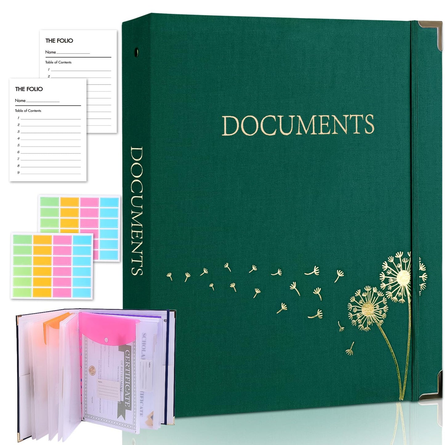 XKDOUS Important Document Organizer Folio Folders with 9 Pockets 3 Ring Linen Binder Organizer Expanding Storage Documents Holder with 9 Pockets and Labels for Papers, Files