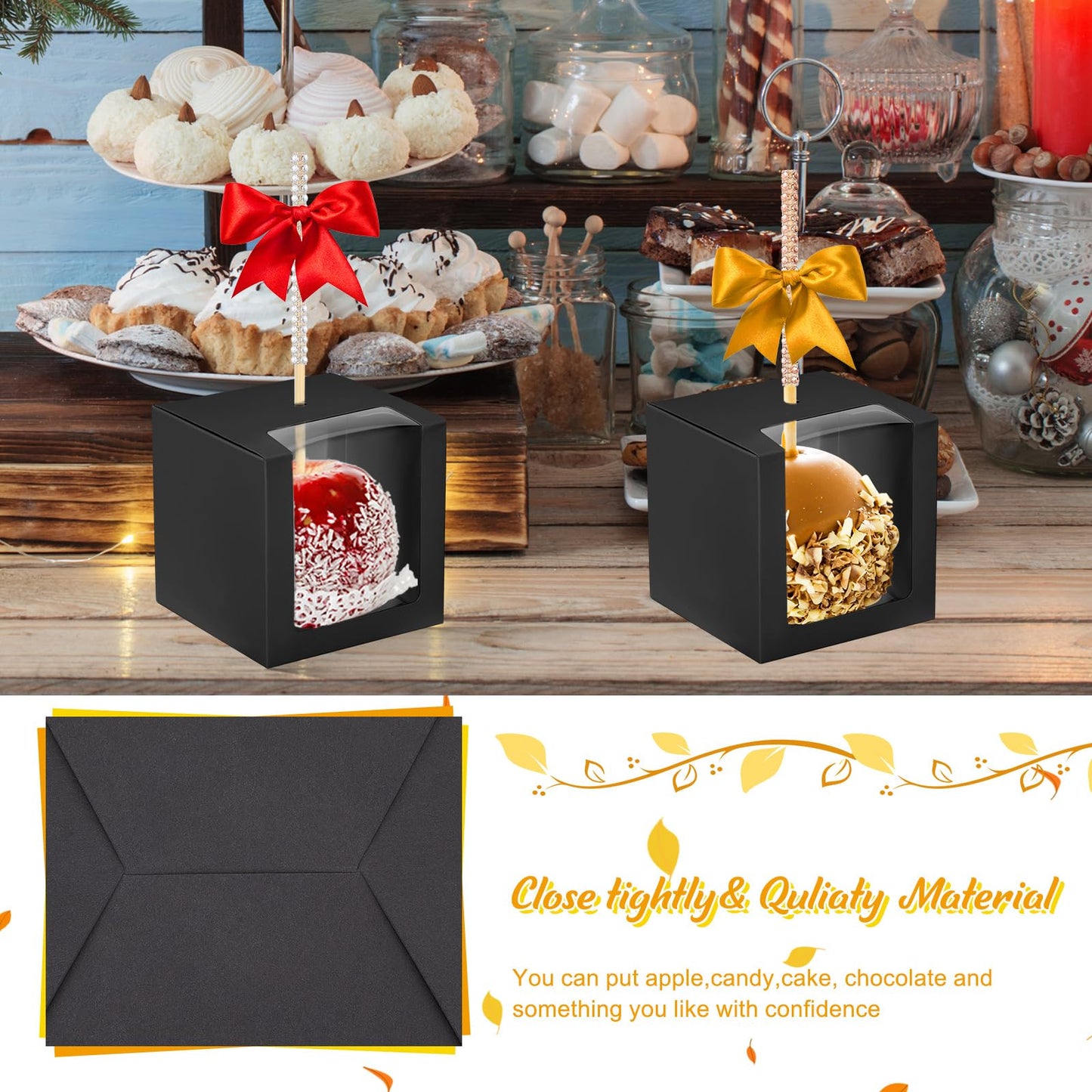 Juexica 30 Pcs Candy Apple Boxes with Hole 4 x 4 x 4 Inch Caramel Apple Container Treat Gift Boxes for Wedding Birthday Party Chocolates Cookies Cake Pops (Black)