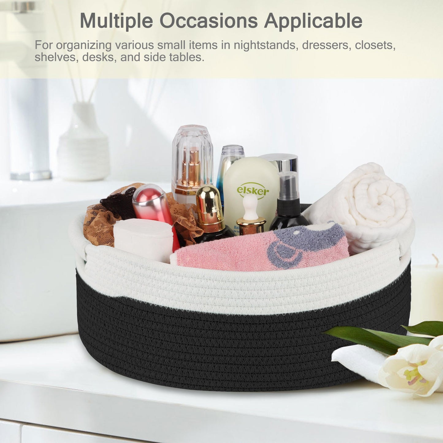 BOSROTY Small Woven Basket with Gift Bags and Ribbons, Empty Baby Gift Baskets for Kids Women Men, Shelf Storage, Small Cat Dog Pet Toy Boxes, 13”x 9”x 5.5”, Black