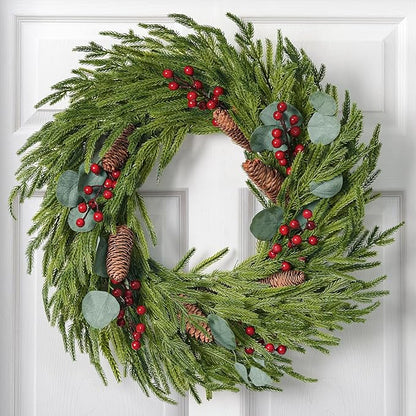 Christmas Decorations - 22 Inch Artificial Norfolk Pine Christmas Wreath with Pine Cones, Eucalyptus, and Red Berries Perfect for Front Door - Indoor Outdoor Holiday Decor for Mantle, Wall, Window