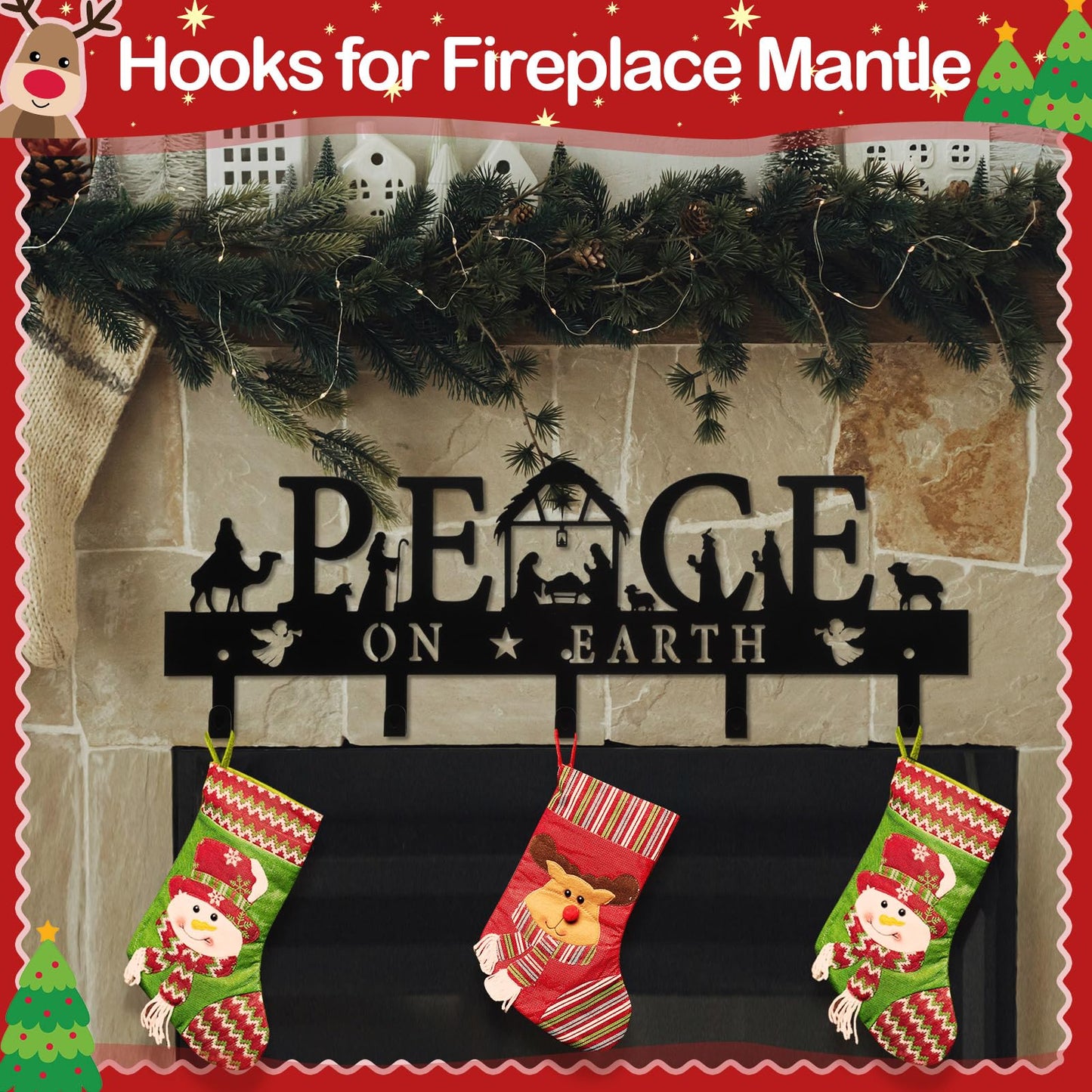Cinnvoice Nativity Christmas Stocking Holder for Wall with 5 Hangers Metal Christmas Stocking Wall Hanger Mantel Rack Hanging Mount Hook for Holiday Xmas Fireplace Decoration, Black(Peace)