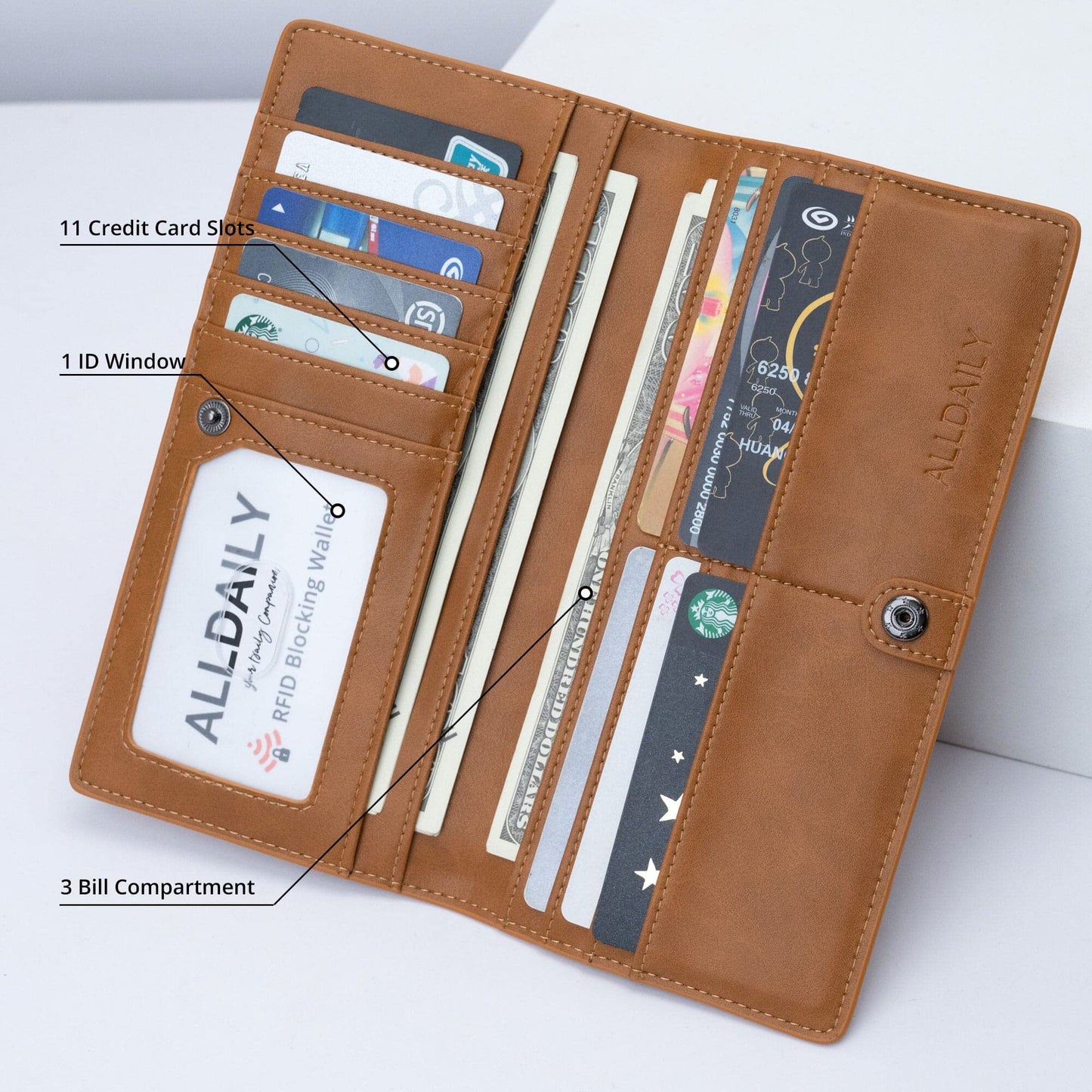 Alldaily Ultra Slim Thin Women Wallet RFID Blocking Credit Card Holder Bifold Long Ladies Billfold (Brown)